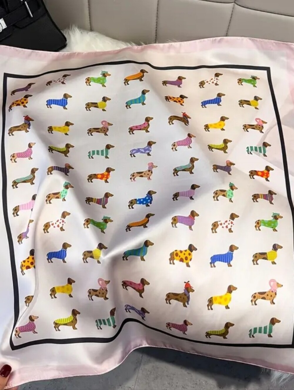 Silk-feel Dog Print Scarf in Pastel Pink and White